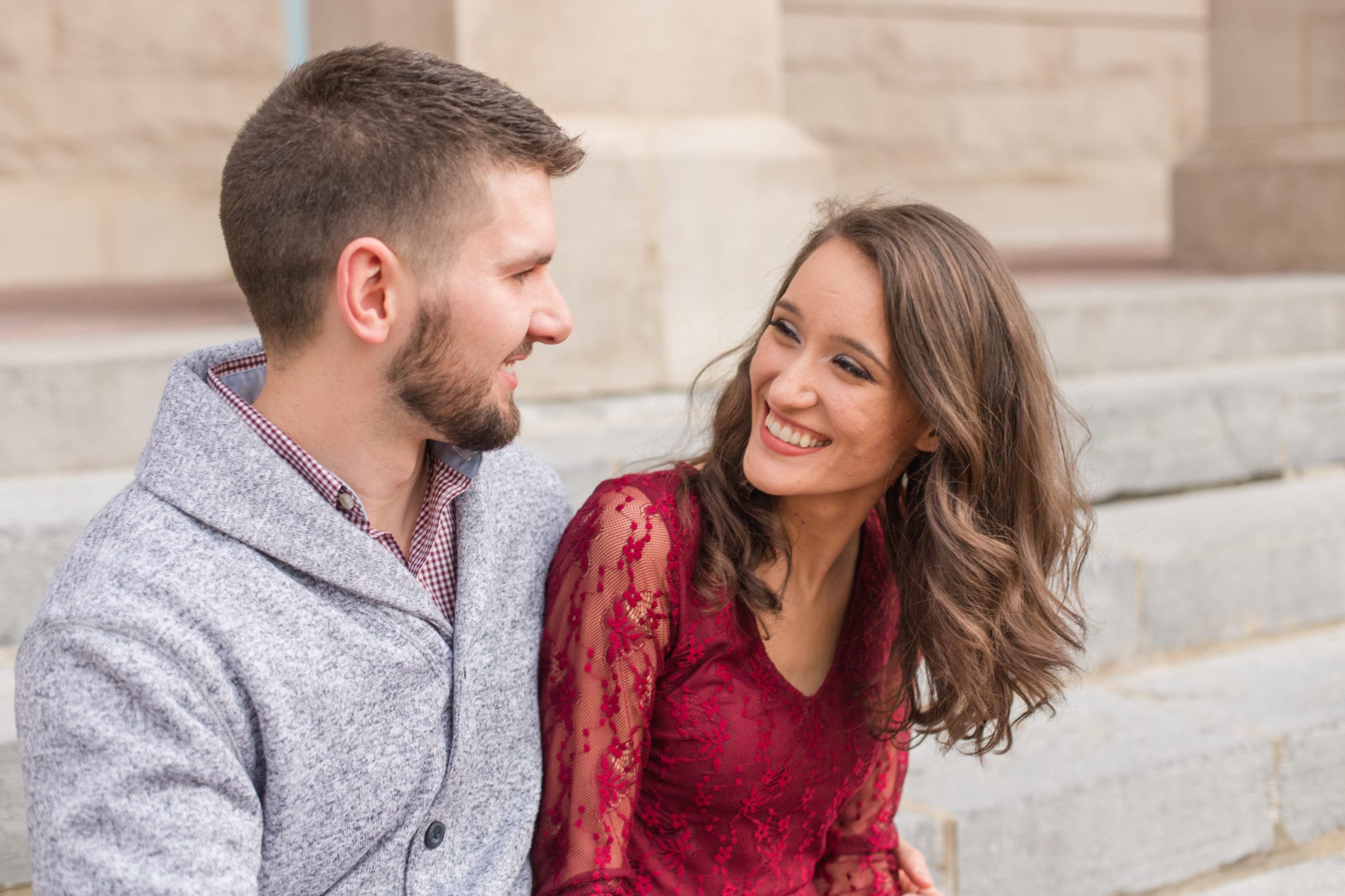 Downtown Harrisonburg Coffee Engagement session, featuring the Blue Ridge Mountains of the Shenandoah Valley from Lake at Cedar Hill- Virginia Wedding Venue