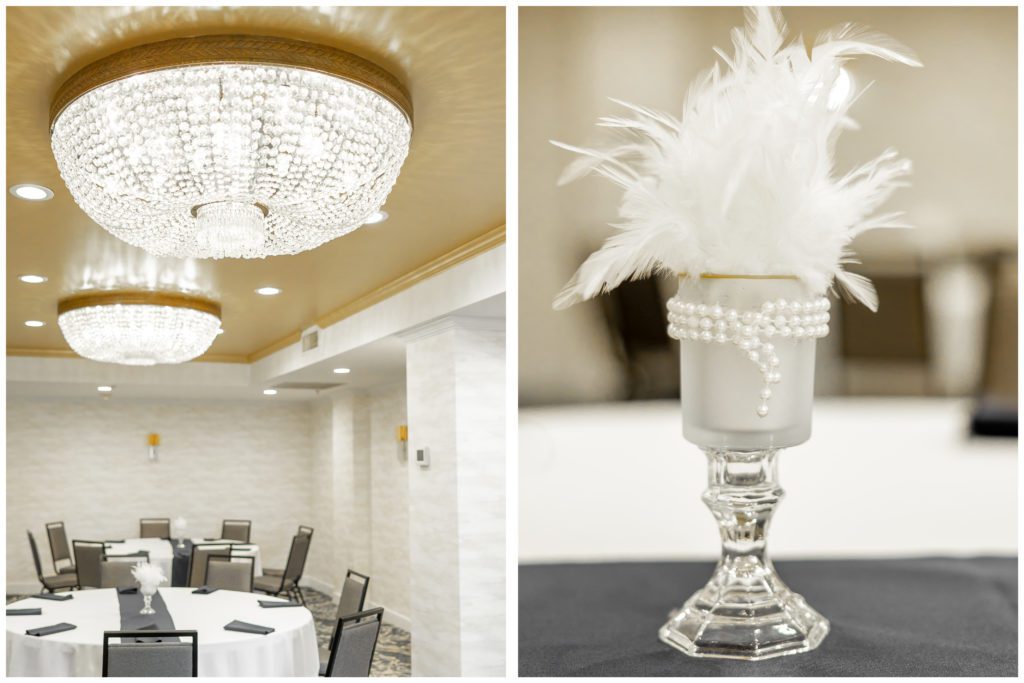 The chandeliers In the Cypress Ballroom at the terrace hotel wedding venue  in lakeland florida by Mary anna Photography