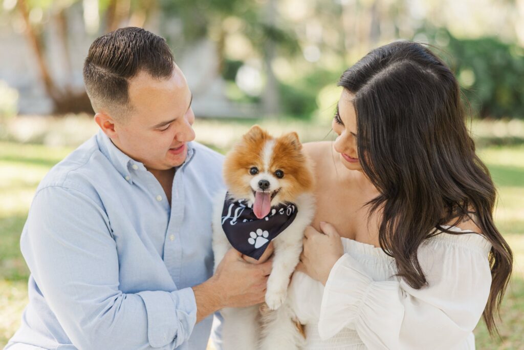 Couple cuddling their fluffy dog on the lawn